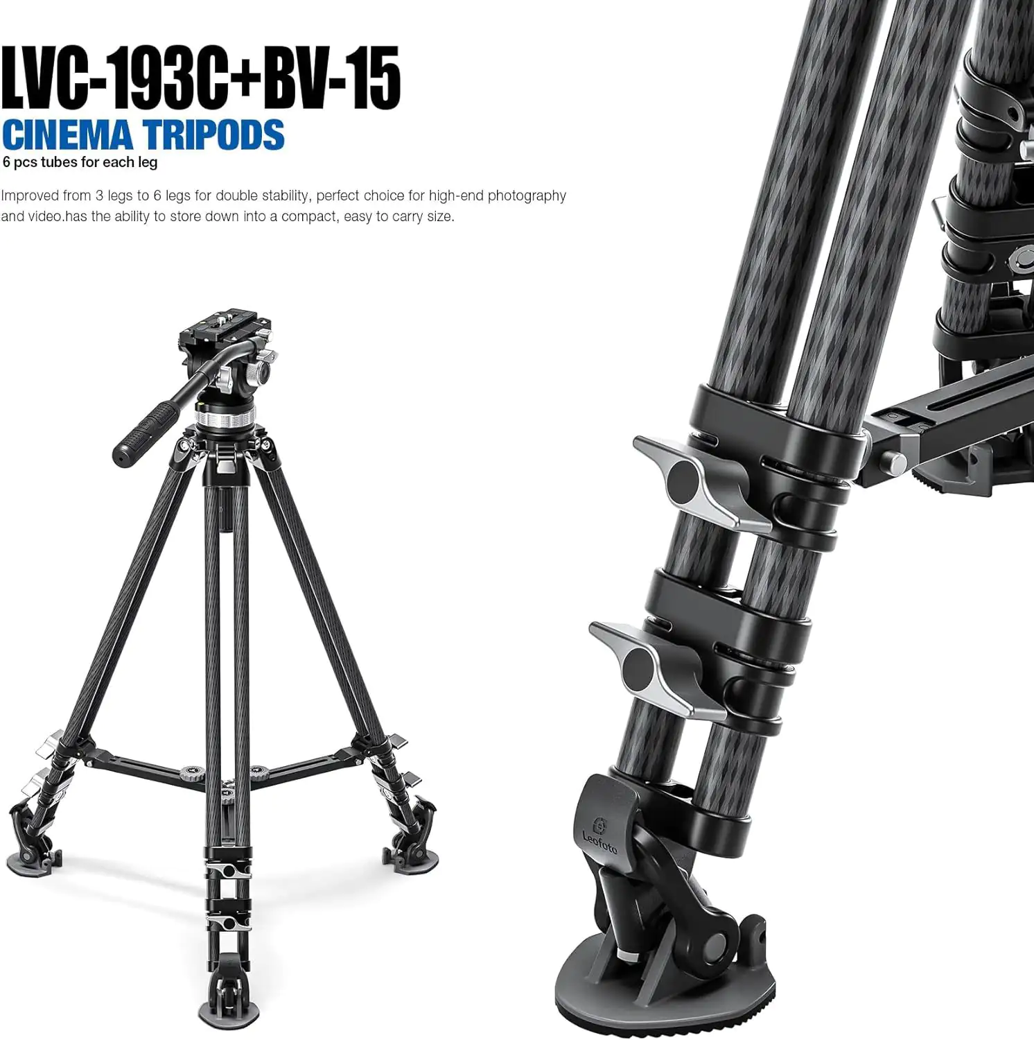 Leofoto LVC-193C Carbon Fiber Twin Leg Video Tripod+BV-15 Fluid Head - Image 5